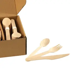 Ready Bulk Eco-Friendly 160mm Wooden 72pcs Fork 72pcs Spoon 72pcs Knife Set Disposable Biodegradable Wooden Cutlery Sets