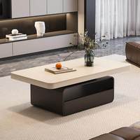 Table basse rectangulaire en pierre style crème avec roulettes et rangement pour petit appartement, salon, mobilier moderne et minimaliste pour la maison