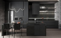 SJUMBO – armoire de cuisine en marbre naturel, placage de laque en bois noir, petite LED ronde avec cascade de comptoir d'île
