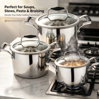 Ensemble de casseroles en acier inoxydable écologiques avec couvercles en verre, compatibles avec les cuisinières à induction et à gaz, antiadhésives, lavables au lave-vaisselle et résistantes au four