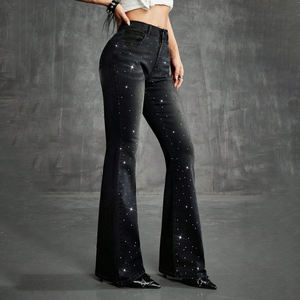 LARSUR Custom Factory Rhinestone Flare <span class=keywords><strong>Jeans</strong></span> Slim Fit Bootcut Distressed Wash High Waist Denim Broek voor Dames - Product Image 1