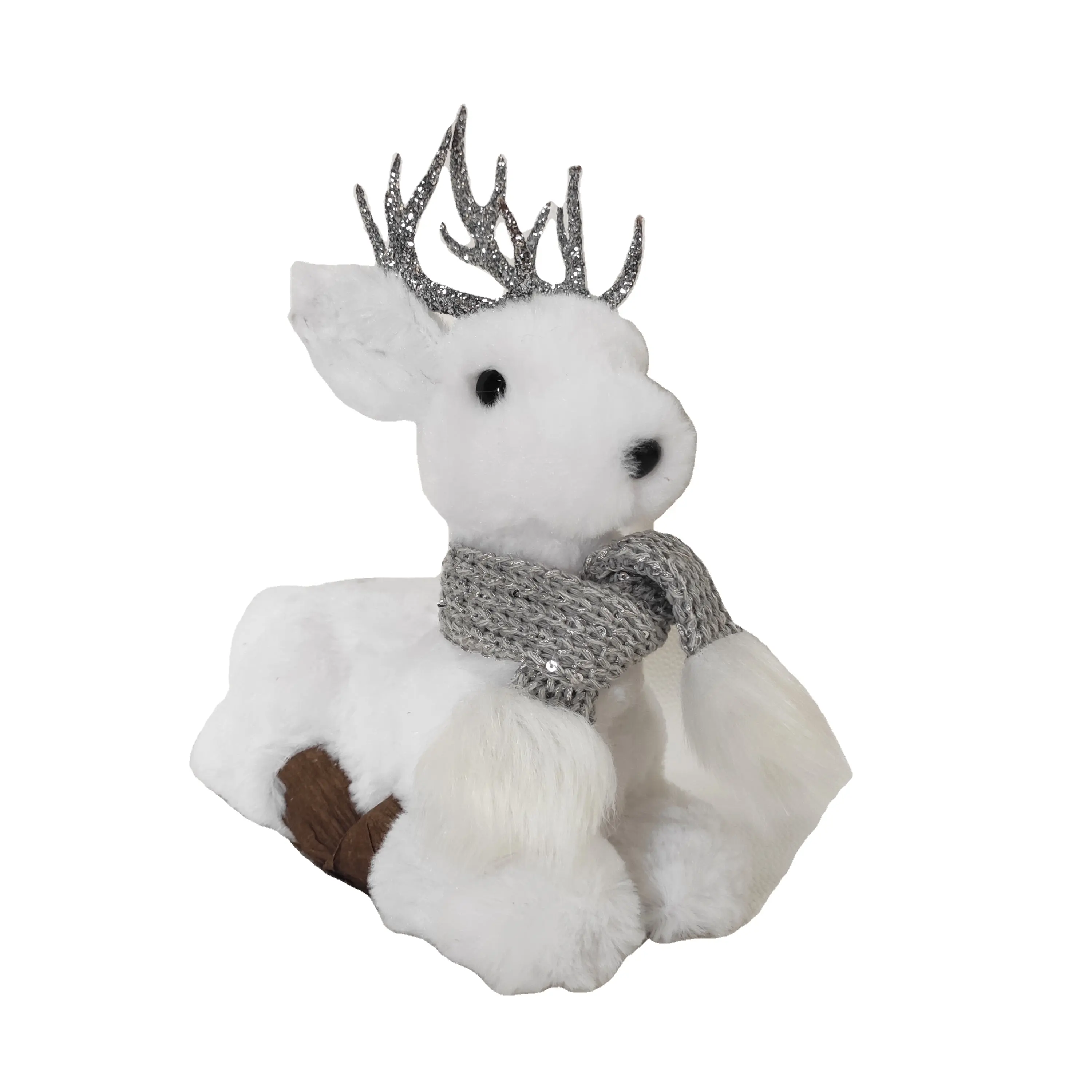 Shiny silver horn white plush lying down deer for holiday celebration decorations