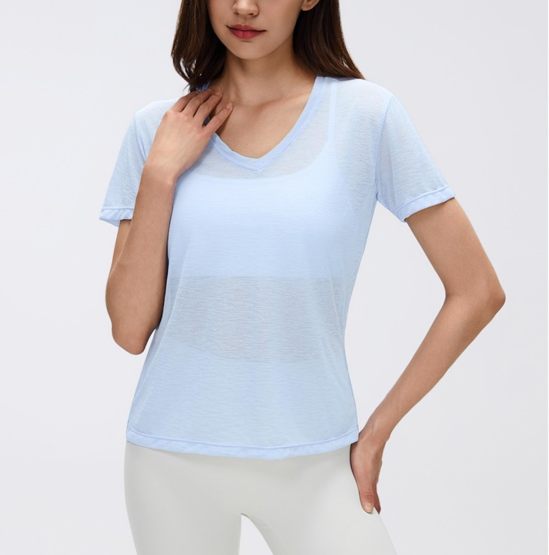 Women Summer V-neck Solid Lightweight Semi-transparent Tshirt Short Sleeve Breathable Quick Dry Sport Fitness Yoga Running Shirt