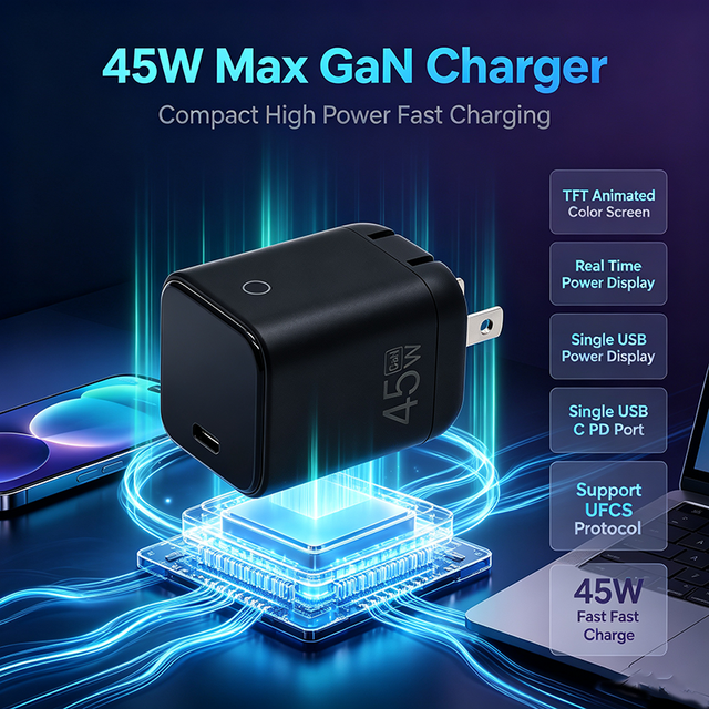 New Arrival | 45W GaN Charger  TFT Color Display USB C PD Fast Charger UFCS Multi Protocol US EU UK Plug Wall Charger Home