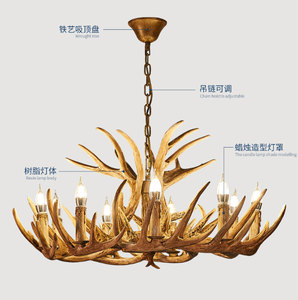 Lustre en résine en forme de cerf à bois de cerf, style campagne européenne, grand modèle, pour salon et loft, luminaire suspendu vintage - Product Image 3