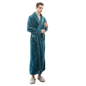 Yüksek kalite katı nighty elbise dokuma spa bornoz erkek uzun kollu pijama rahat yumuşak peluş şal yaka elbise kemer