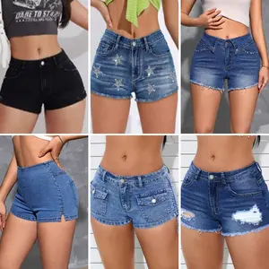 Celana pendek denim musim panas wanita, celana pendek denim warna polos pinggang tinggi modis kasual slim fit seksi pengiriman campur