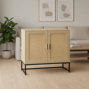 Buffet moderne en rotin avec étagère réglable et base métallique pour le rangement dans le salon, la chambre ou la cuisine - Product Image 2