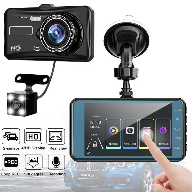 Écran tactile HD de 4 pouces à double objectif avant et arrière Dvr avec application mobile Wifi Car Dash Cam Dvr Camera