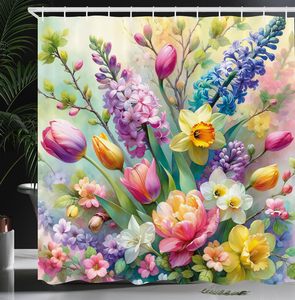 Juego de Cortinas de Ducha de Tela de Poliéster Impermeable con Diseño Floral Personalizado CF para Decoración del Hogar y Baño, con Ganchos - Product Image 6