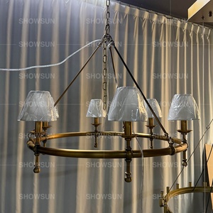 American Vintage Round Chandelier Rustic Farmhouse Pendant <strong>Light</strong> with Fabric Shade Retro 6 <strong>Lights</strong> Dining Room Lighting Fixtures - Product Image 4