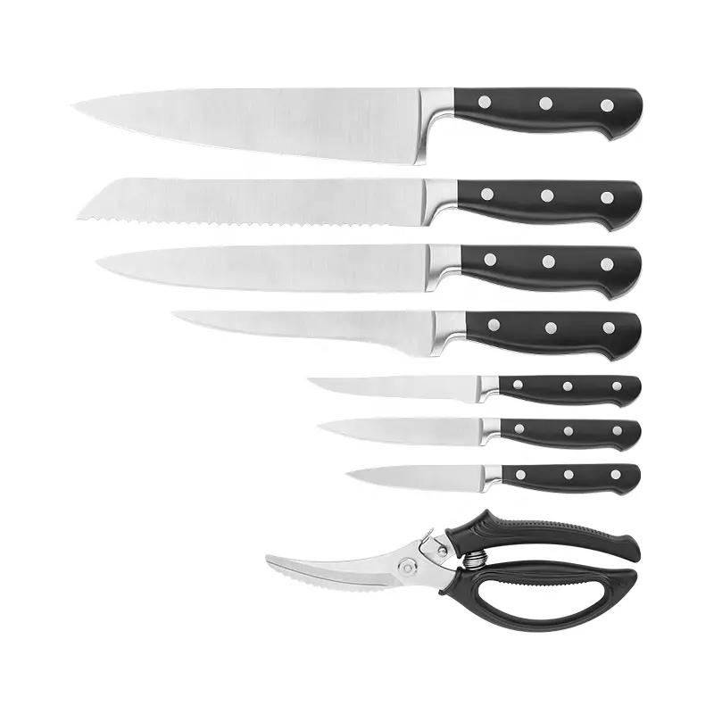 Set pisau dapur besi tahan karat, pisau koki Santoku ABS dengan gunting untuk memotong daging 8 inci