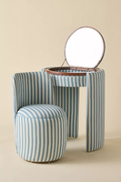 Table de toilette moderne avec miroir rabattable et rangement dissimulé, tabouret rembourré pliable, bureau de maquillage en bois peu encombrant