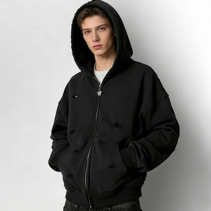 OEM Custom Logo Streetwear Men Distressed Ripped Hoodie Vintage Black Zipper <b>Puller</b> Full Zip Up Oversized Boxy Fit Hoodie - Product Image 1
