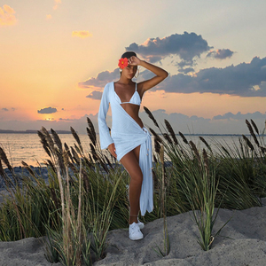 TW 2025 New Fashion Asymmetric <b>Triangle</b> <b>Bikini</b> Long Sleeve Swimsuit Female Sexy Solid Color Mesh Cover-up 3 <b>Set</b> Halter Waist - Product Image 2