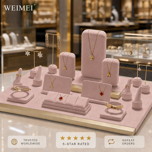 ชุดขาตั้งโชว์เครื่องประดับ WEIMEI สีชมพูอมเทา กำมะหยี่ พร้อมขาตั้งโลหะสีทอง สำหรับสร้อยคอ ต่างหู กำไลข้อมือ แหวน เหมาะสำหรับร้านขายของที่ระลึกและร้านเครื่องประดับ - Product Image 1