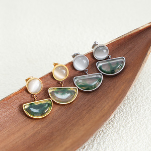Swirling Green Design Resin & <b>Opal</b> <b>Earrings</b> for Women | 18K PVD Gold Stainless Steel | Waterproof, Hypoallergenic & Non-Fading - Product Image 3