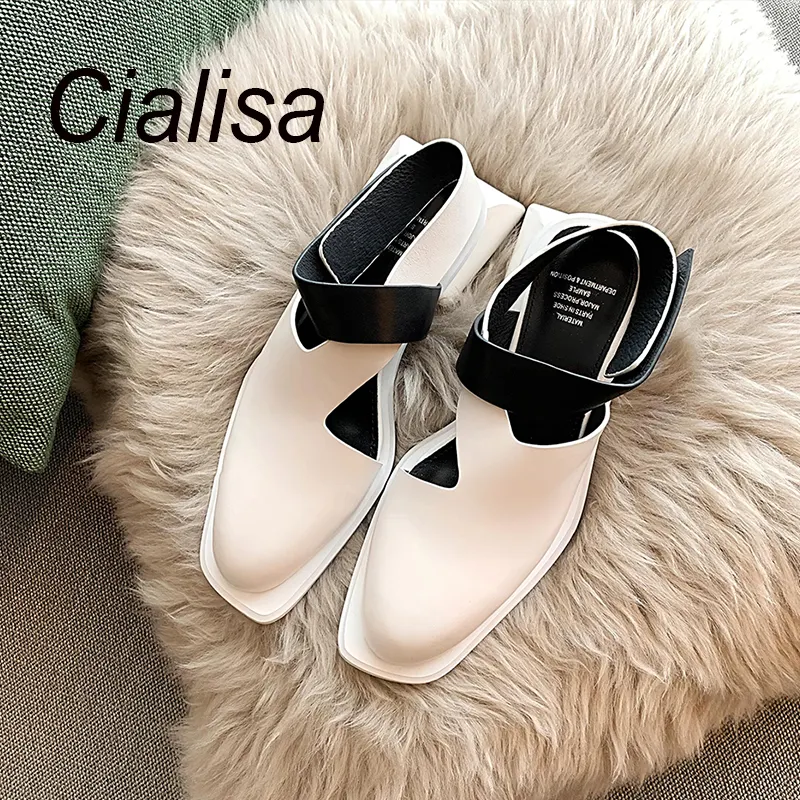 Cialisa New Arrival Handmade Genuine Leather Woman Shoes Square Toe Chunky Mid Heels Slingback Pumps White Black Sandals