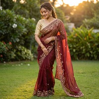 Sari en satin Fandy traditionnel pour occasions spéciales, avec travail de paillettes de 3 mm sur le pallu, contraste de couleurs, et blouse prête-à-porter de designer, pour Diwali et mariage AARA