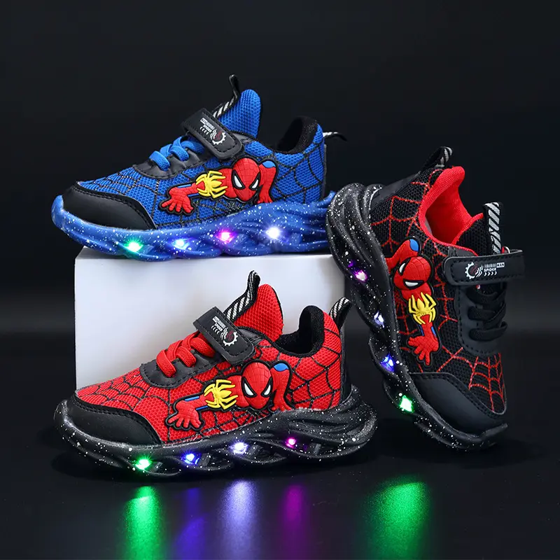 LED Casual Sneakers Red Black For Spring Boys Spiderman Mesh Outdoor Shoes Children Lighted Non-slip Shoes Size