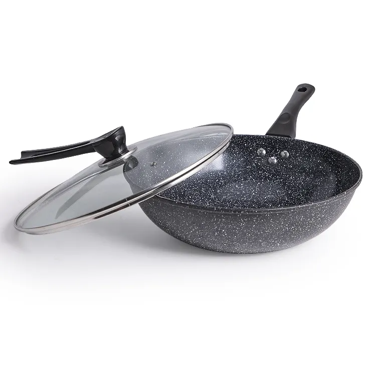 Custom Kitchen Cooking Fry Pan Carbon Steel Marble Coating Non Stick Wok Frying Pan