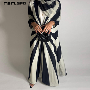 Women Black White Sunburst Stripe Open Abaya Lapel Collar Long Sleeve Modest Muslim Fashion Commuter Casual Maxi Kimono Dress - Product Image 2