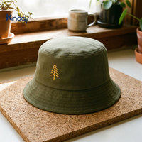 Topi Ember Katun Bordir Pohon Pinus Hijau Zaitun untuk Berkemah, Mendaki Gunung, Tema Alam, Topi Nelayan Unisex, Gaya Petualang