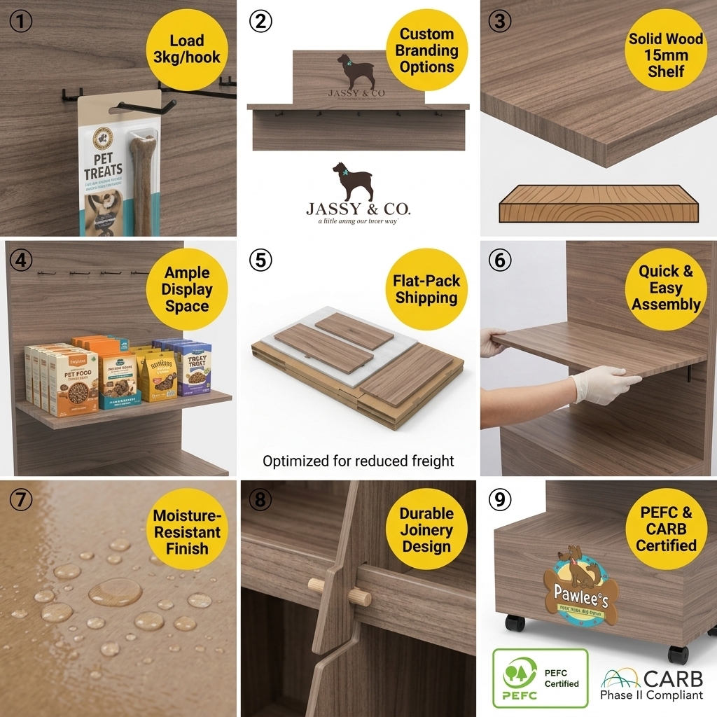 Wholesale Custom Wooden Pet Food Display Rack Floor Standing Dog Treat Merchandiser Stand with Hooks Pet Shop Retail Fixture OEM — view 5