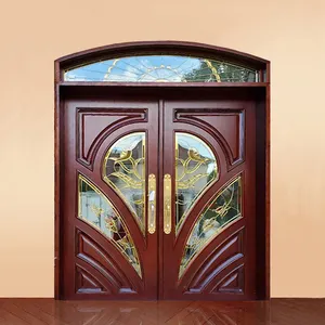 Maison villa entrée principale extérieure porte en bois sculpté antique personnalisé de luxe couleur acajou double portes d'entrée en bois massif