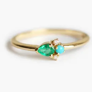 Pear Shape Green Tourmaline Fashion Gold Plating 925 Sterling Silver Wedding Ring