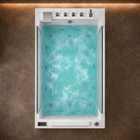 Baignoire à remous en acrylique pour deux personnes avec panneau frontal en verre, éclairage LED et robinet cascade