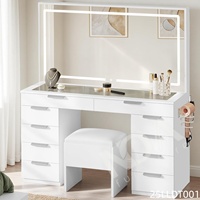 Coiffeuse moderne blanche avec grand miroir LED, ensemble de bureau de maquillage pour chambre à coucher avec tabouret rembourré