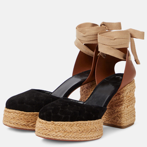 Sandales à talons hauts épais tressées en paille avec brides croisées à la cheville et plateforme, bout carré ouvert, pour femme, escarpins en daim à bout rond - Product Image 1