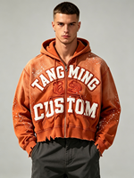 Fabrication OEM de vêtements : Sweat à capuche zippé personnalisé avec broderie appliquée, épais, délavé à la pierre, coupe courte et effet usé