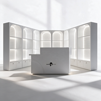 Kiosque de présentation cosmétique blanc en arc, unités d'affichage ouvertes, comptoir central, rangement verrouillable, bande LED, CE ETL pour salon de beauté