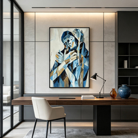 Tableau mural minimaliste village côtier bleu canard impasto fait main déco maison hôtel villa