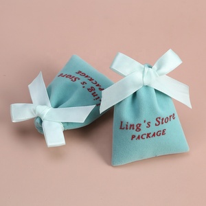 Aqua Blue 7x9 cm Drawstring Velvet Flannel Jewelry Pouch Bag Gift Dust Bag with <b>Ribbon</b> for Storage or Presentation - Product Image 5