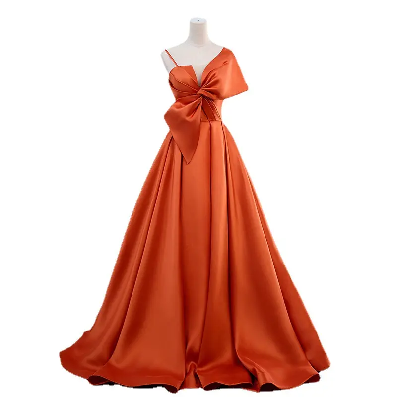 Alta Qualidade Pavimento Comprimento Spaghetti Strap V-neck Long Orange Mulheres Vestido Especial Bow Plissado Maxi Robe Formal Prom Gown para Fe