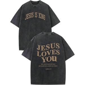 T-shirt « Jésus est roi » pour homme, motif religieux, coton délavé, 100 % coton, manches trois quarts, chemise de foi chrétienne - Product Image 1