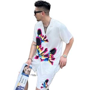 <span class=keywords><strong>Pigiama</strong></span> da <span class=keywords><strong>uomo</strong></span> in seta di lusso chiaro con teschio <span class=keywords><strong>nero</strong></span> a maniche corte pantaloncini da notte da <span class=keywords><strong>uomo</strong></span> - Product Image 1