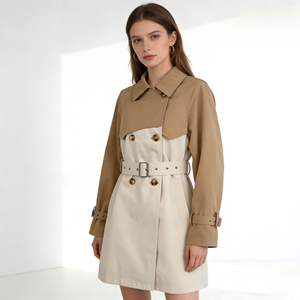 Manteau <span class=keywords><strong>trench</strong></span> pour <span class=keywords><strong>femme</strong></span> en <span class=keywords><strong>beige</strong></span> contrastant, couleur kaki, coupe <span class=keywords><strong>mi</strong></span>-longue personnalisée avec ceinture - Product Image 1