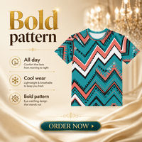 T-shirt pour homme 3D AOP 100% polyester, bleu turquoise, corail, zigzag, séchage rapide, respirant, col rond, prêt à être expédié