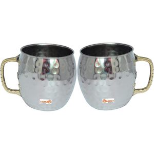 PARIJAT HANDICRAFT Pack 2 Stainless Steel Moscow Mule Mugs 16 Ounce Capacity Insulated Brass Handle <b>Ceramic</b> Coffee Beer <b>Cups</b> - Product Image 1