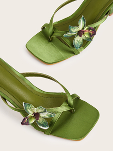 شبشب نسائي أخضر مربّع القدم CXX04 مع زهرة الأوركيد كعب قلاب للسيدات جديد ، شبشب - Product Image 5