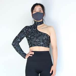 Neues bedrucktes buntes reflektieren des One-Shoulder-Langarm-T-Shirt weibliches sexy Nabel-Cut-Oberteil mit kurzem Neck holder - Product Image 4