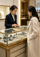 Vitrine de présentation de bijoux vintage en acier inoxydable doré avec tiroir de rangement, armoire en verre ultra-transparent avec éclairage LED intégré, design arrondi