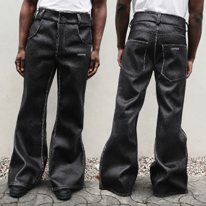 <span class=keywords><strong>Pantaloni</strong></span> in Pelle Sintetica Nera Effetto Screpolato a Vita Alta, Larghi e Oversize, Stile Streetwear, Modello Svasato da Motociclista per <span class=keywords><strong>Uomo</strong></span> - Product Image 1