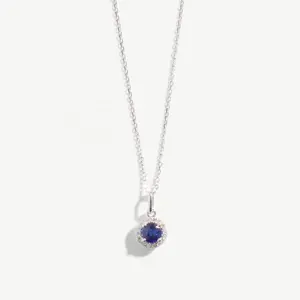 Chris April Solid Gold Natural Blue Sapphire Gemstone Charm Pendant Necklace With Natural Diamond
