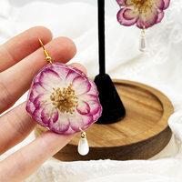 Perhiasan Resin Cantik, Emas Stainless Steel, Bunga Asli, Mutiara, Liontin Mawar, Anting Buatan Tangan