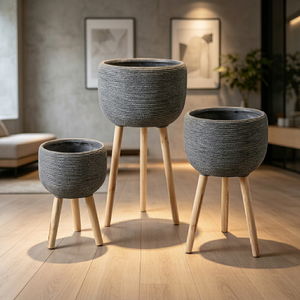 Rattan <b>Flower</b> <b>Pot</b> Set with Wood Legs Minimalist Indoor Planter <b>for</b> Green Plants 3 Pcs Circular Pattern Nordic Style - Product Image 1